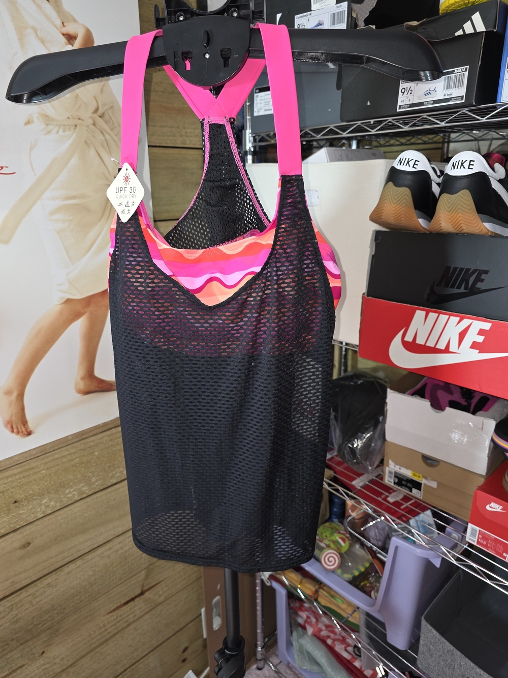 Gerry Pink Strappy Tank with Black Mesh Overlay
